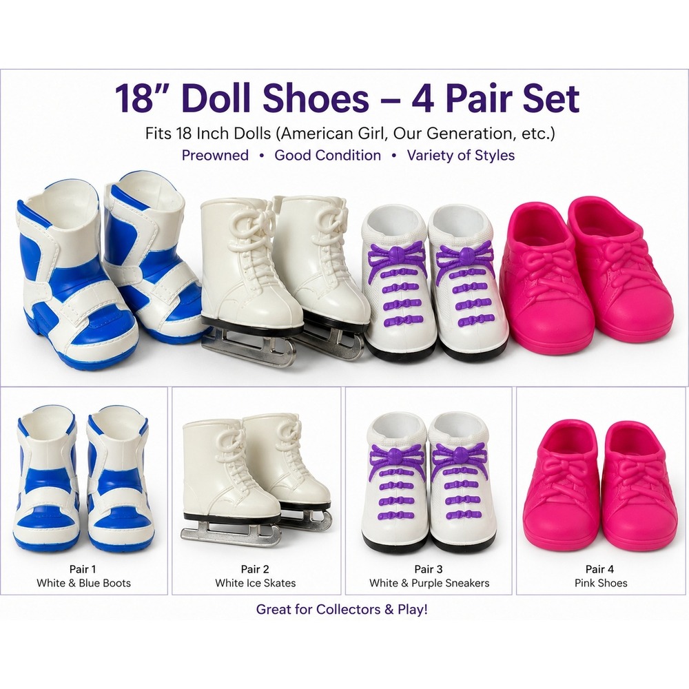 Funrise 18 Inch Doll Shoes 4 Pair Set Ice Skates Boots Sneakers Pink Flats 2012